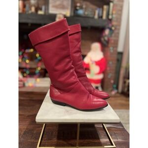 Vintage Cherry Red Leather Knee High Boots Women's 7 Y2K Western Fold Over